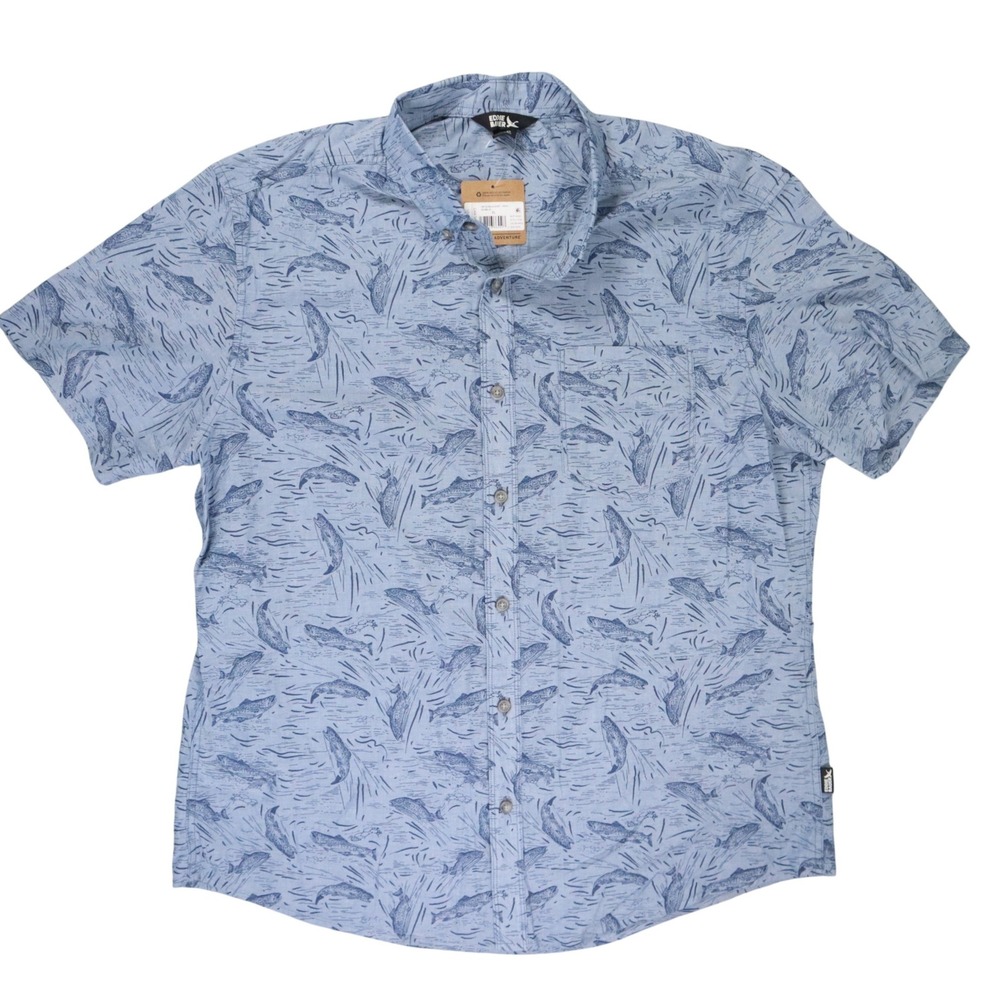 Eddie Bauer Baja Shirt Mens XL Blue Denblue Fish Print Cotton Fishing Gorpcore